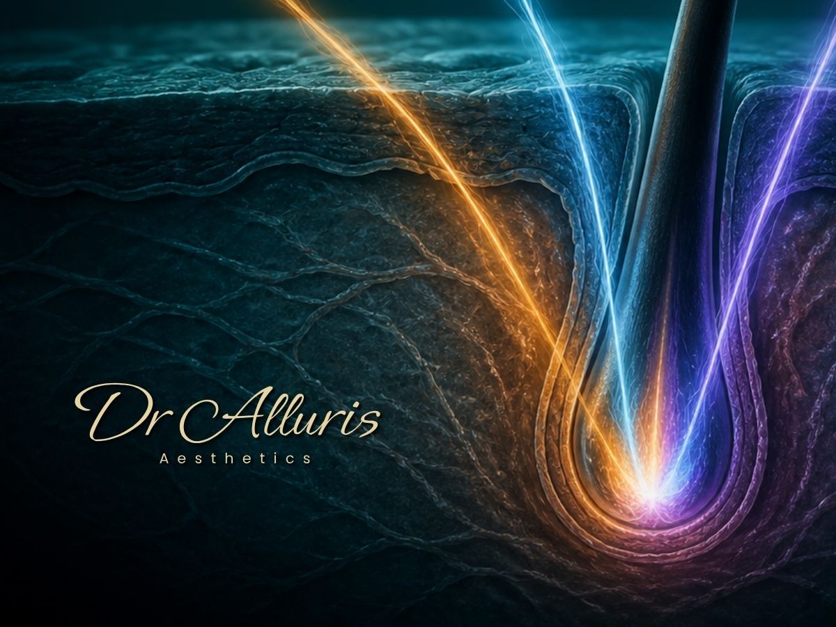 Clinical illustration showing three treatment pathways converging on a single hair follicle, representing the three-pillar hair restoration approach at Dr Alluris Aesthetics, Londo