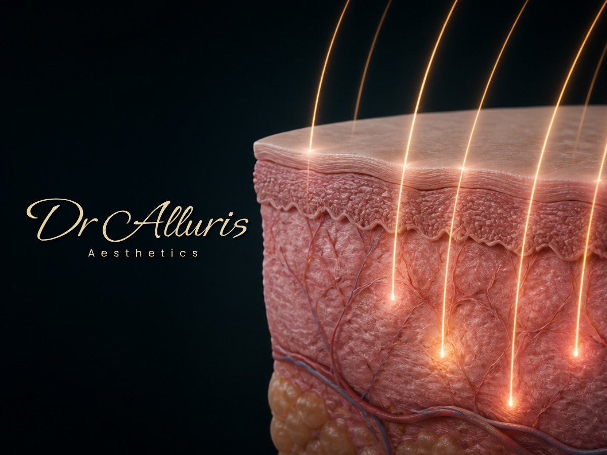 Clinical illustration of a skin cross-section showing dermal layers with gold light beams penetrating to varying depths, representing medical microneedling treatment at Dr Alluris Aesthetics London