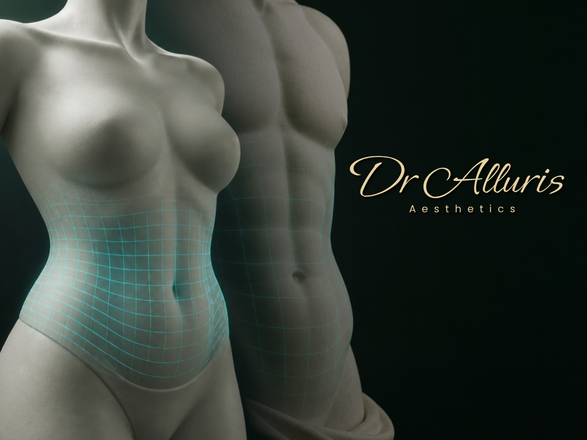 Fat dissolving injections for tummy and love handles London, male and female treatment zones illustrated with teal scanning grid, Dr Alluris Aesthetics
