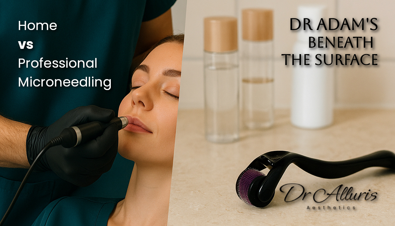 An artistic illustration of a woman in her 40s receiving a microneedling treatment