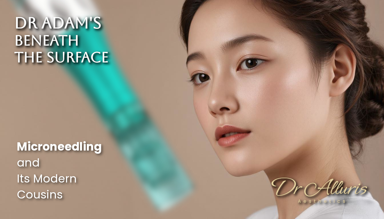 A radiant young woman and a microneedling pen