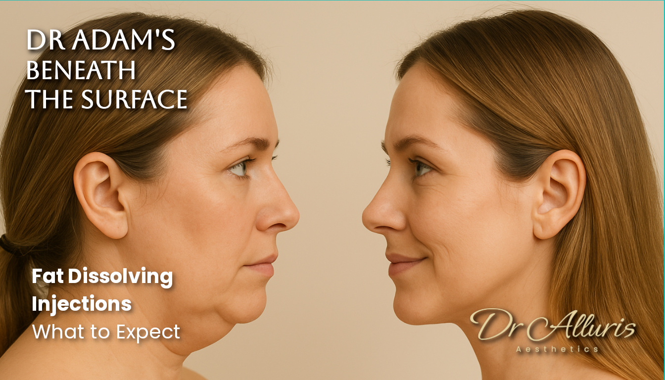 An artistic illustration of a woman in her 40s before and after Fat-Dissolving injections