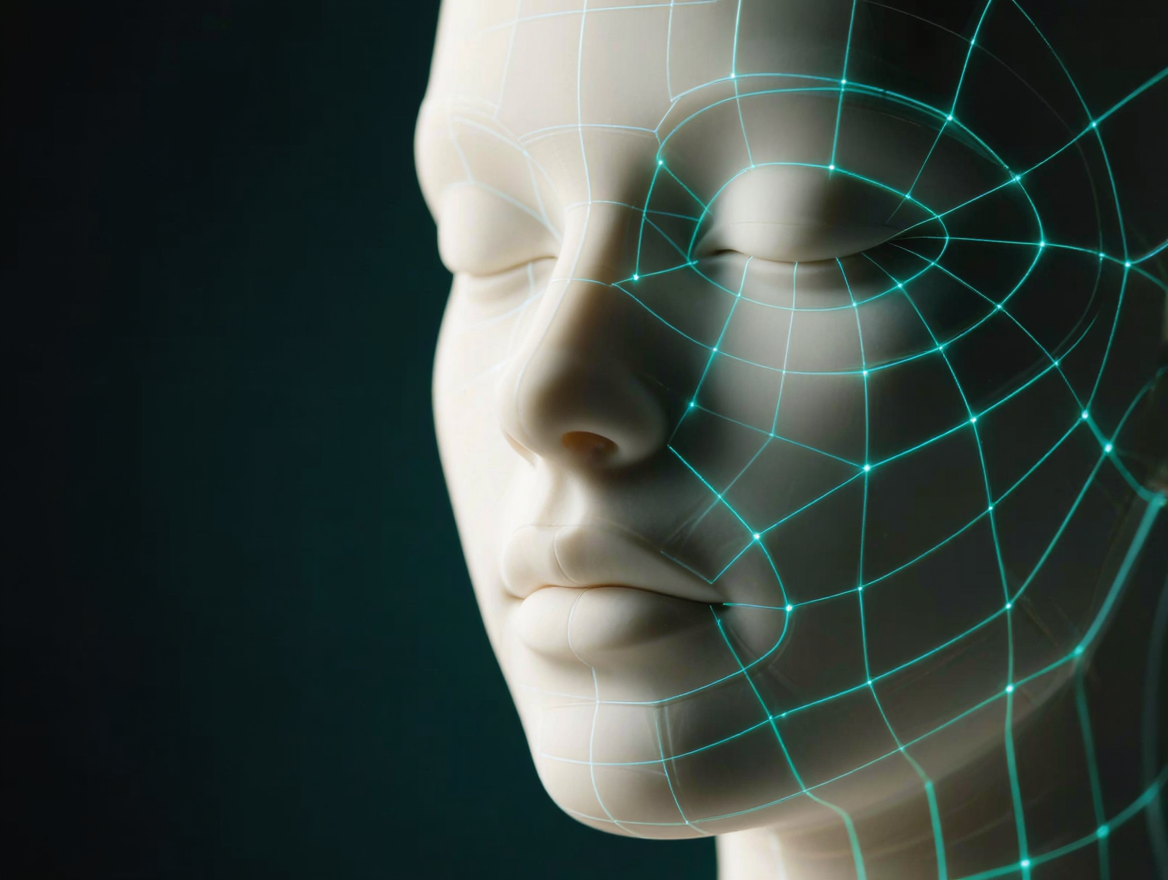 Front-facing female face overlaid with aesthetic facial mapping grid, showing proportional thirds and treatment zones used to plan safe, precise injectable treatments in London.